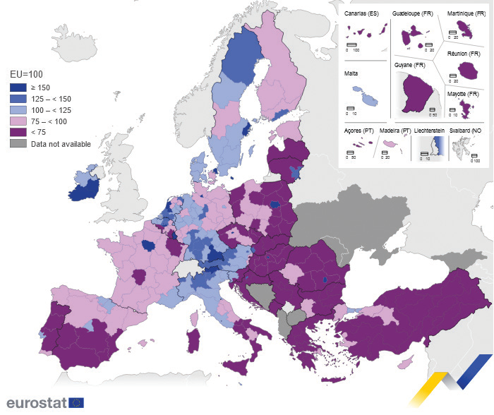 PIB par habitant et par région, exprimé en pouvoir d’achat. Hormis l’île de France et PACA, la France est sous la moyenne européenne